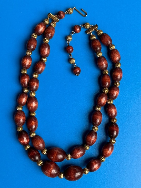 Vintage Jewelry - Vintage 1960s Double Strand Wood Bead Necklace Adjustable Statement Choker